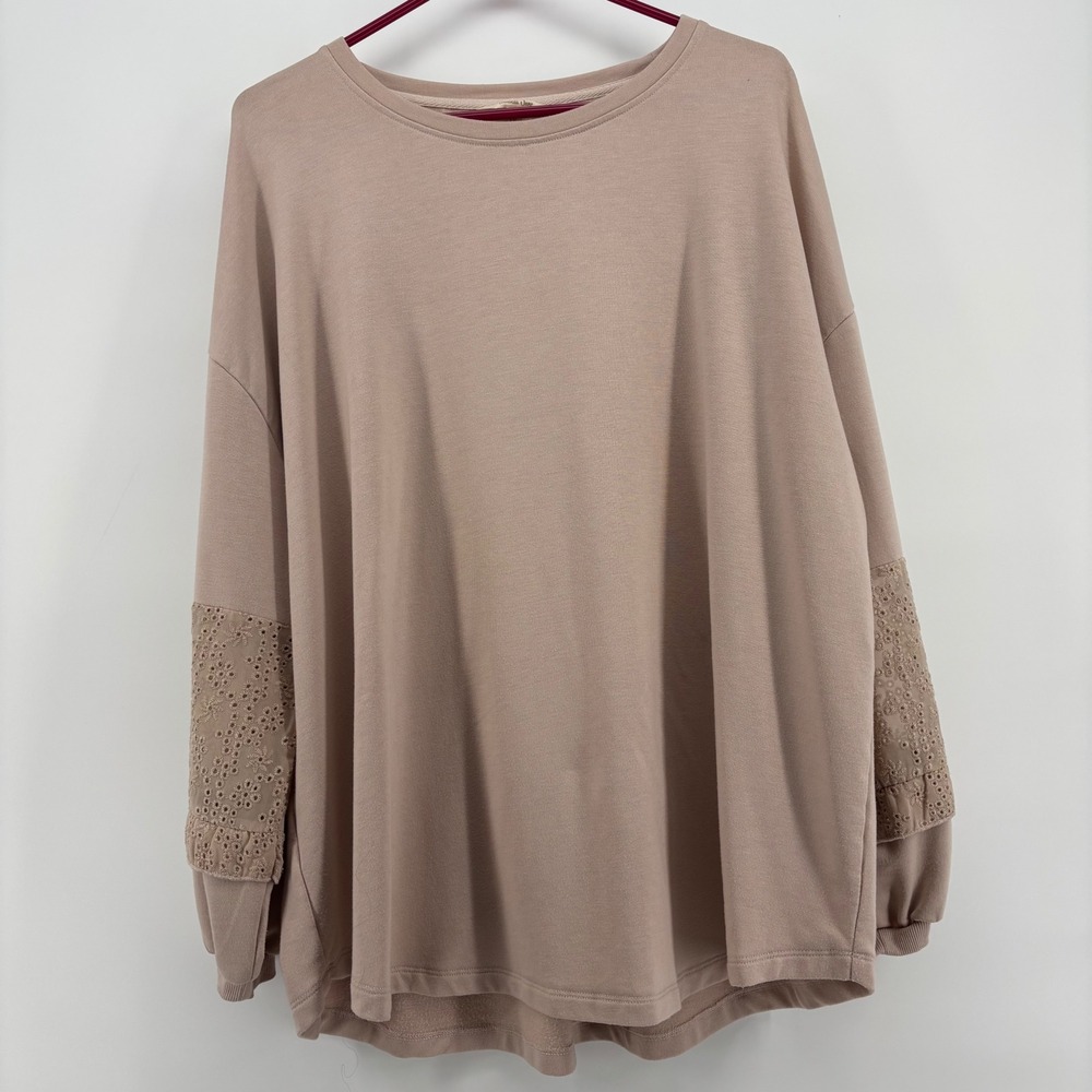 Matilda Jane Women Pullover XXL Taupe Eyelet Lace Sleeve Ruffle Trim Sweatshirt